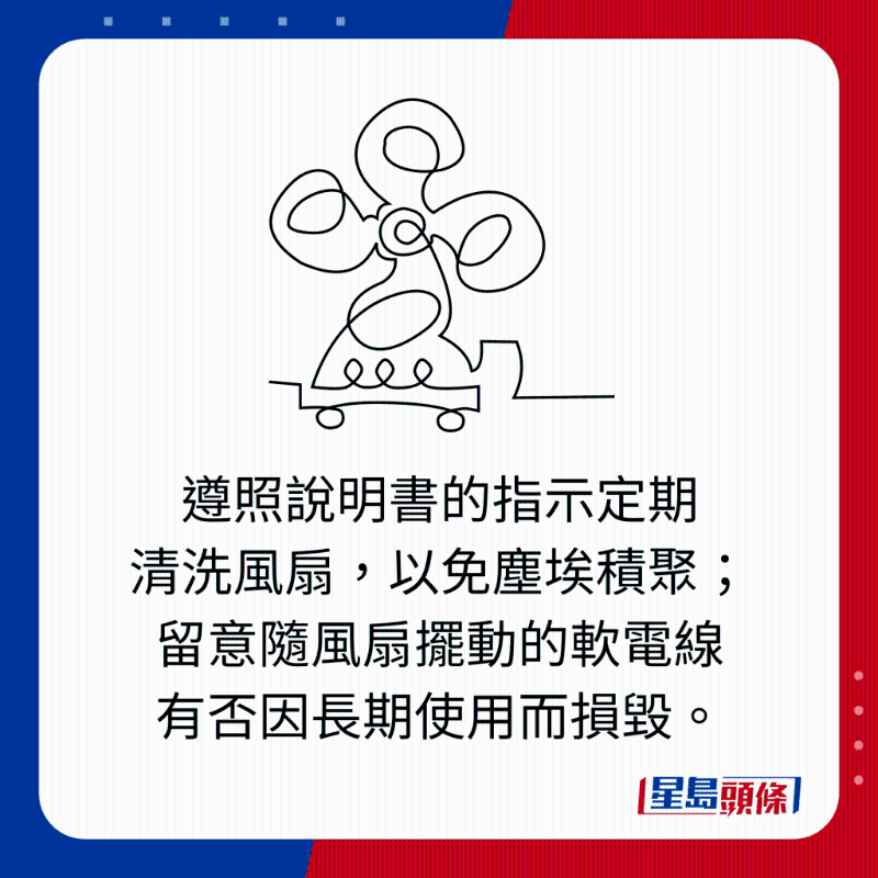 遵照說明書的指示定期 清洗風扇，以免塵埃積聚； 留意隨風扇擺動的軟電線 有否因長期使用而損毀。