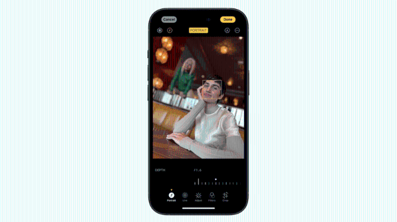iPhone 15及iPhone 15 Plus廣角主鏡可以自動偵測開啟人像拍攝，并可在拍攝后再調校焦距。