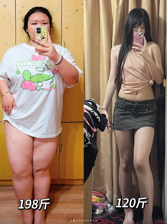 后來成功半年內減掉70多斤（約43kg），不但減走大肚腩。 （圖片來源：喵辣@小紅書）