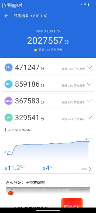 X100 Pro在《安兔兔v10》跑出2,027,557分成績。