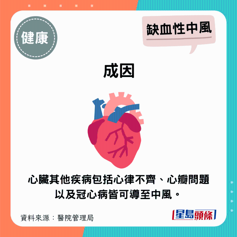 心臟其他疾病包括心律不齊、心瓣問題以及冠心病皆可導至中風。