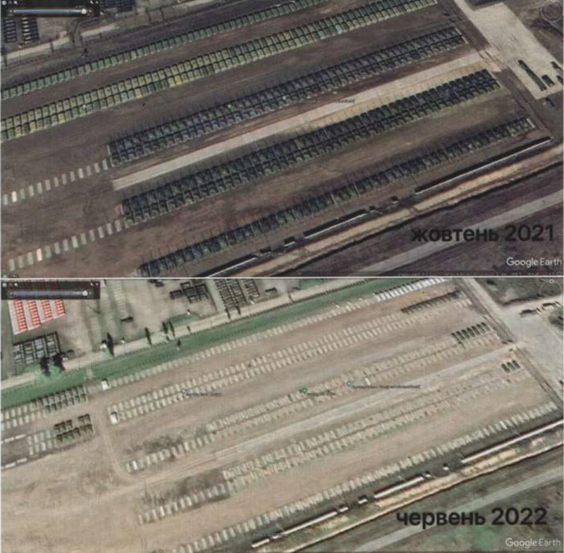 俄羅斯坦克裝甲車儲存基地有數千輛坦克，從2021年與2022年衛星照片可以看出戰爭消耗大量的坦克裝甲車。Google Earth