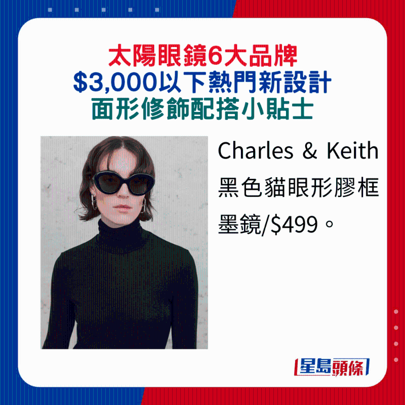 Charles & Keith黑色貓眼形膠框墨鏡 $499。