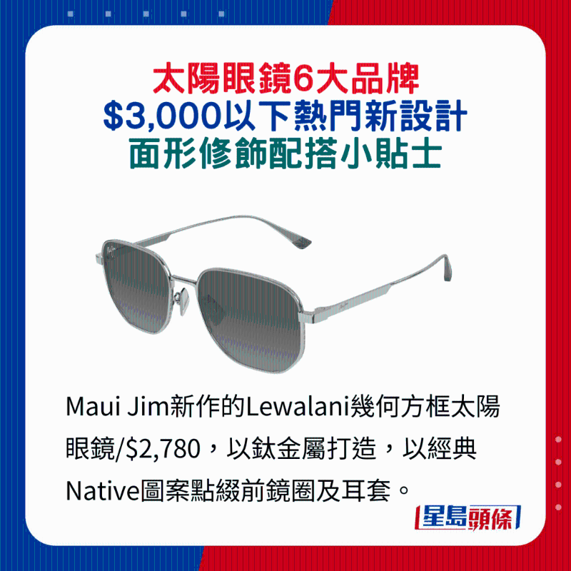Maui Jim新作的Lewalani幾何方框太陽眼鏡 $2,780，以鈦金屬打造，以經典Native圖案點綴前鏡圈及耳套。