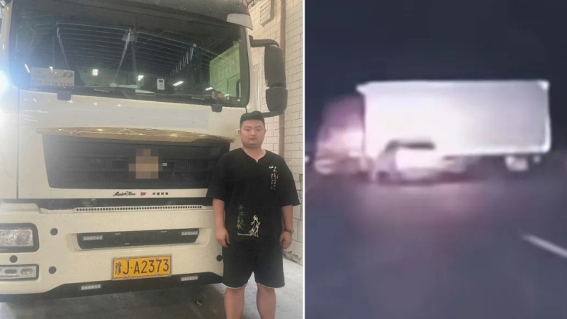 王向楠果斷將貨車停在路中心，阻止其他車向前駛。