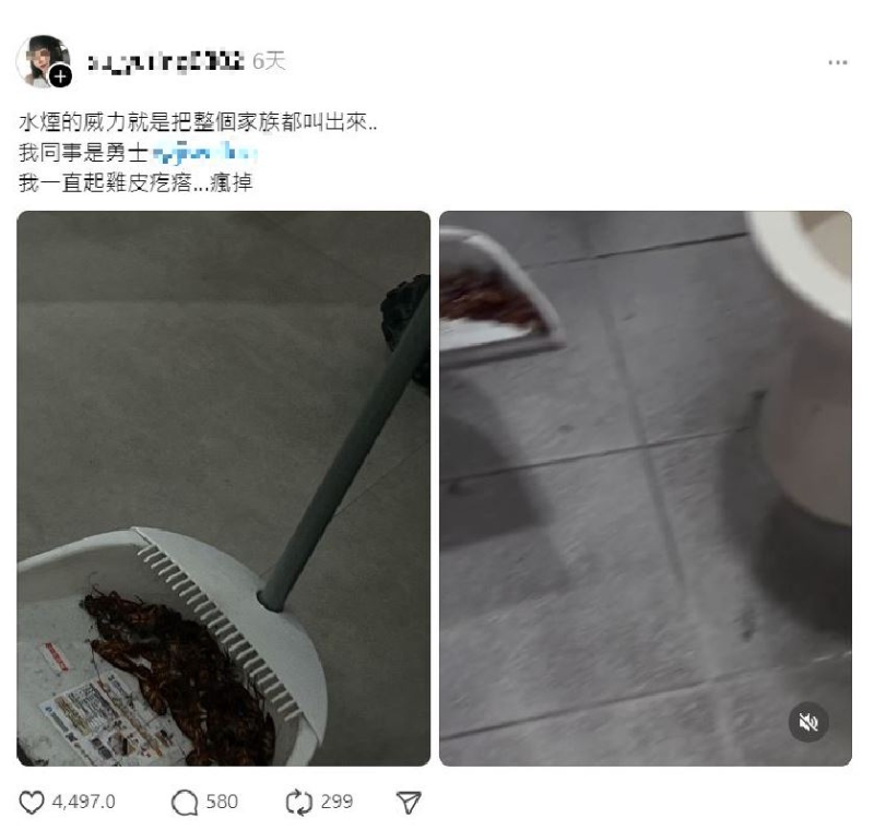 臺女在Threads分享時，指自己殺蟑螂的方法是用“水煙”。