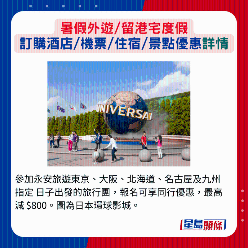 參加永安旅游東京、大阪、北海道、名古屋及九州指定日子出發的旅行團，報名可享同行優惠，最高減 $800。 圖為日本環球影城。
