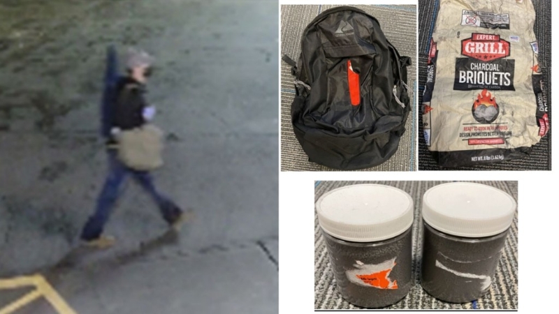 羅德里格斯被拍下行蹤，用黑色背囊裝炸彈，圖在中國駐華府大使館外引爆。 美國司法部圖片