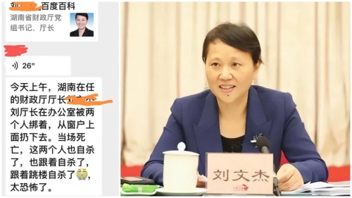 網傳湖南財政廳女廳長劉文杰被人扔下樓死亡，兇手隨后也跳樓自殺。