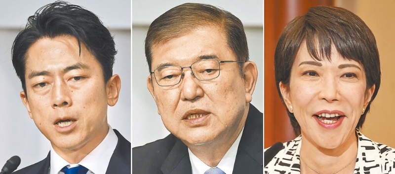 日本自民黨27日將舉行總裁選舉，小泉進次郎（左起）、石破茂、高市早苗呈「三強鼎立」態勢。（美聯社）