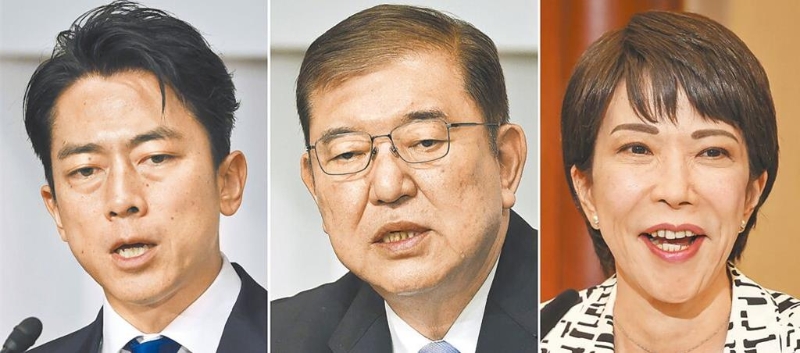 日本自民黨27日舉行總裁選舉，小泉進次郎（左起）、石破茂、高市早苗呈「三強鼎立」態勢，最后石破茂出線，當選自民黨第28任總裁。（美聯社）