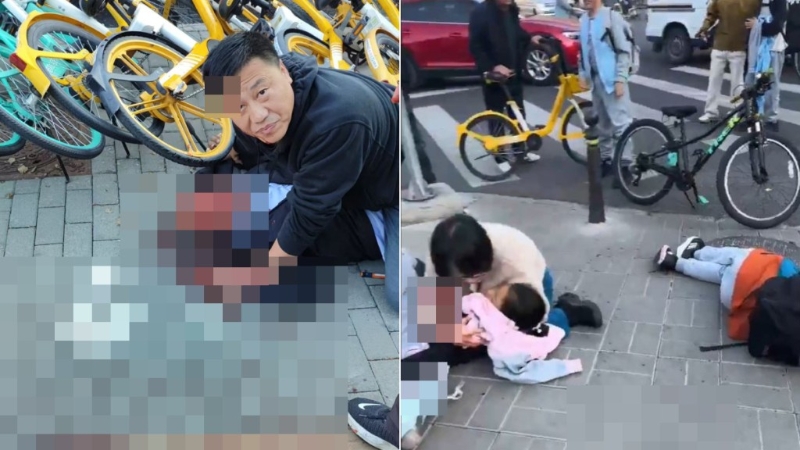 現場有多名學童受傷倒地，疑兇（左）被當場制服。 影片截圖