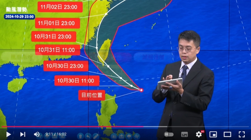 氣象署預報中心科長林伯東指出，無論是海溫以及垂直風切，都是有利于臺風發展的條件，因此康芮仍持續增強，且暴風圈還會更大。(圖／氣象署直播)