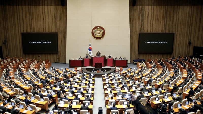 南韓國會2024年12月14日就第2次尹錫悅彈劾案表決。 路透社