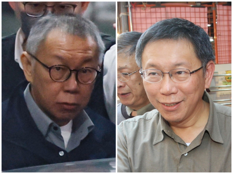 圖為民眾黨主席柯文哲被拍到一頭白發被提訊（左），與2014年1月在迪化街發春聯（右）的模樣對比。