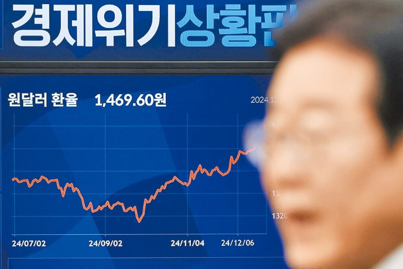 在韓國首爾27日舉行的國民議會上，反對黨領袖李在明向公眾發表聲明，電子看板顯示美元和韓元間的匯率。