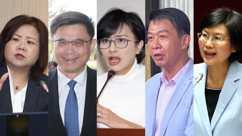 民進黨高雄市長初選5搶1，分別為前“勞動部長”許銘春（左一）、賴瑞?。ㄗ蠖?、“立委”邱議瑩（左三）、許智杰（右二）、林岱樺（右一），競爭激烈。