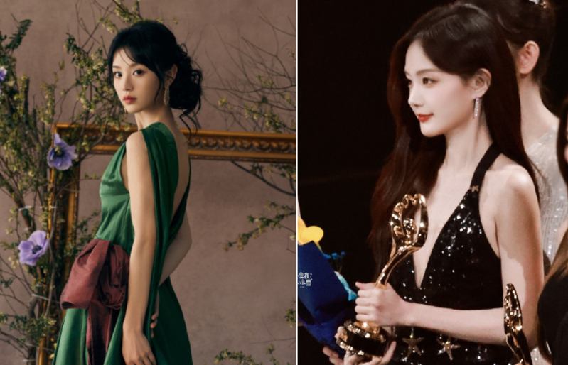 田曦薇（左）穿著Imane Ayissi 2023秋冬高定禮服，李一桐則是黑色長裙亮相，胸前深V剪裁讓好身材一覽無遺。.png