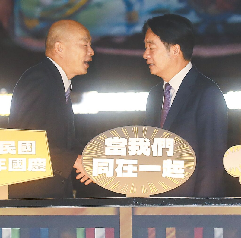 面對爭議法案朝野失和，總統何時啟動院際協調備受關注。圖為賴清德總統（右）和立法院長韓國瑜（左）。（本報資料照片）