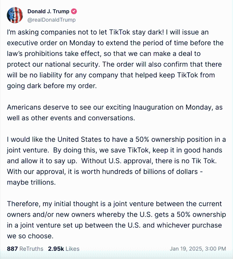 特朗普在其社交平臺發文，稱稱下周一簽署行命令，延長TikTok禁令生效期限。