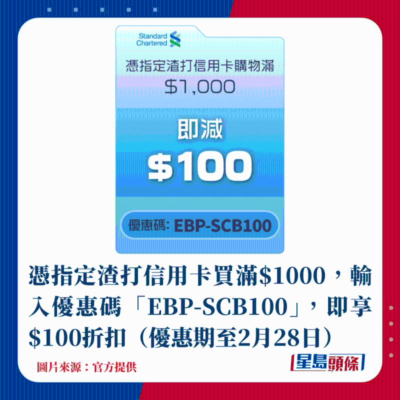 憑指定渣打信用卡買滿$1000，輸入優惠碼「EBP-SCB100」，即享$100折扣（優惠期至2月28日）