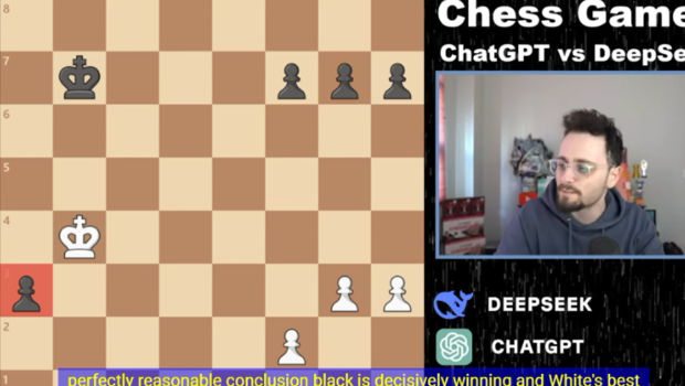 外國網站博主設定一場由DeepSeek和ChatGPT開展的一場國際象棋對弈，最後DeepSeek獲勝，觀賽網民認為DeepSeek思維邏輯更像人，而ChatGPT像機器，這是勝負的主要關鍵。（圖／快科技）