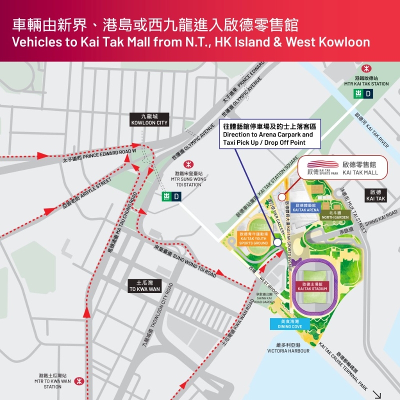 車輛由新界、港島或西九龍進入啟德零售館