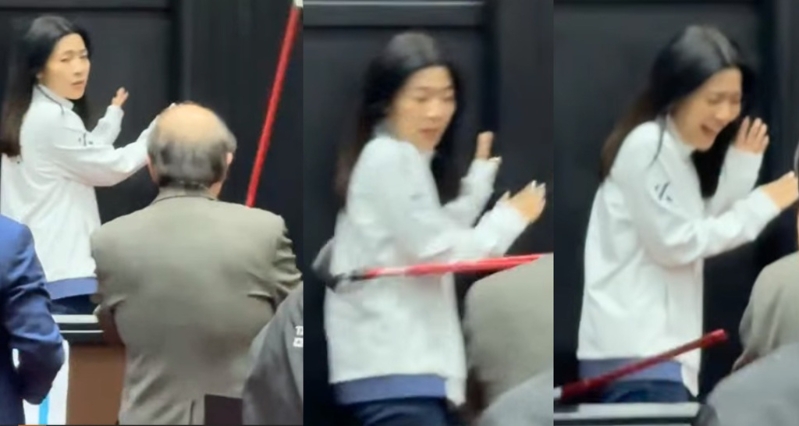 徐巧芯遭柯建銘狂砸拐杖擊中手臂，驚恐尖叫，引發藍委公憤。（合成圖／國民黨立院黨團提供）