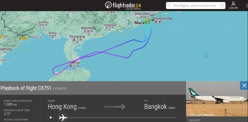 國泰CX751往曼谷航班折返香港。 Flightradar24截圖