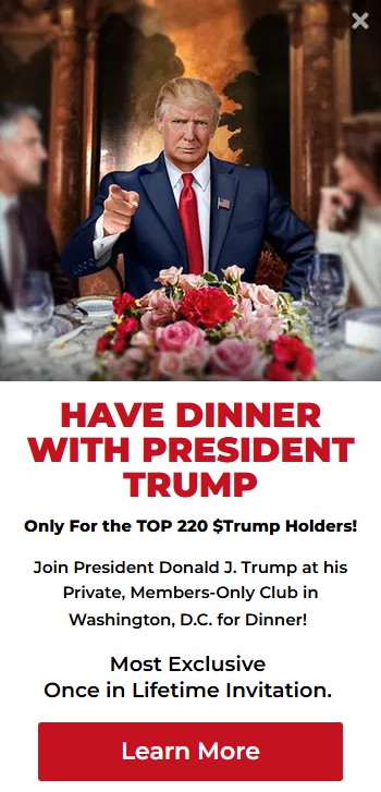特朗普為個人迷因幣搞VIP晚宴。 gettrumpmemes.com