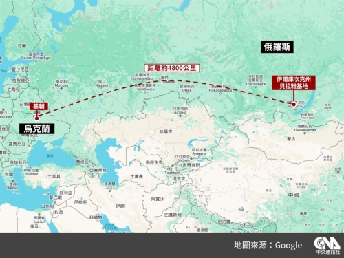 烏克蘭無人機襲擊俄羅斯位于西伯利亞伊爾庫次克州一處基地，當地距烏克蘭超過4000公里。（中央社制圖）