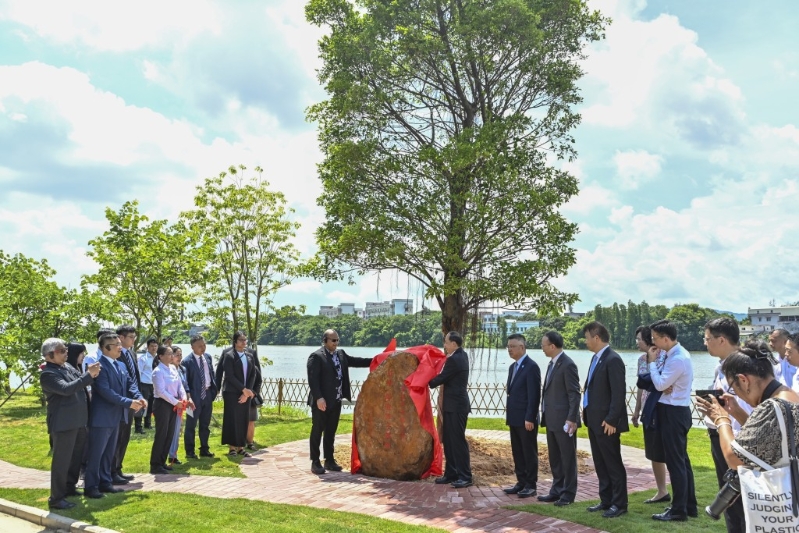 阿迪昂（石碑左）植下一棵象征家族根脈的榕樹。 中新社