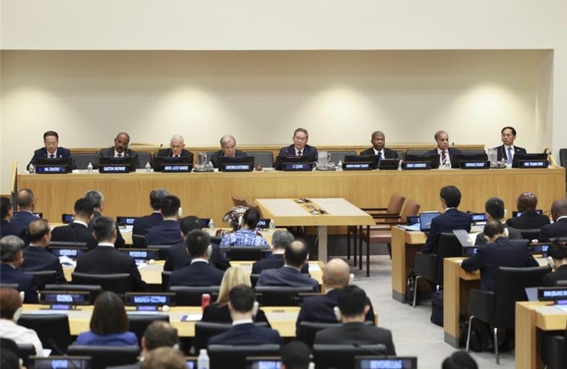 圖為總理李強在紐約聯合國總部出席中方主辦的全球發展倡議高級別會議致詞