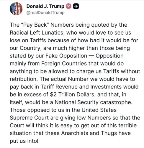 特朗普發帖，強調若法院最終裁定其動用IEEPA征收關稅的行為違法，所造成的后果將遠超外界預期。